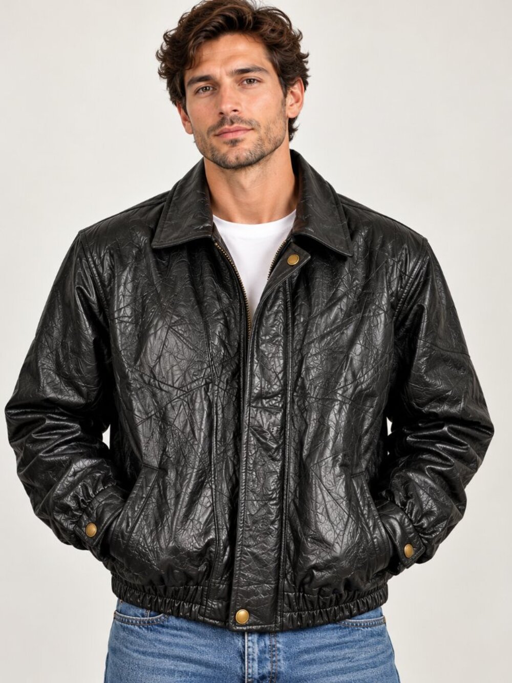 Vintage Roberto Amee Genuine Leather Patchwork Bomber Jacket Black Size L